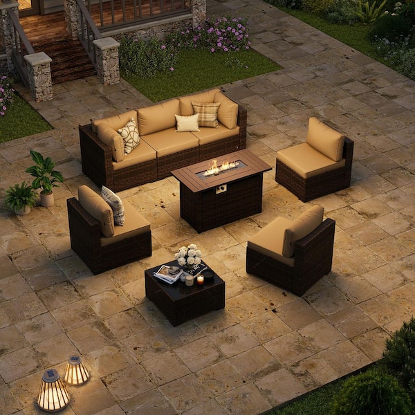 Brown 8-Piece Wicker Outdoor Patio Conversation Set Khaki Cushions, Patio Sectional Set with Fire Pit Table