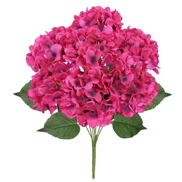 LIVING LUXURY 20 in. Deluxe Magenta Artificial Hydrangea Flower Stem Bush Bouquet (Set of 2)