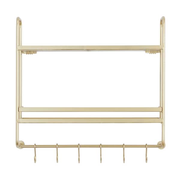 CosmoLiving by Cosmopolitan 20 in.  x 20 in. Gold 2 Shelves Metal Wall Shelf with Hooks