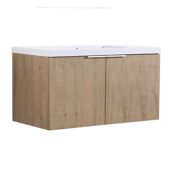 Maincraft 35.4 in. W x 18.3 in. D x 19.31 in. H. Bath Vanity Wall-Mounted in Imitative Oak with White Resin Top with White Basin