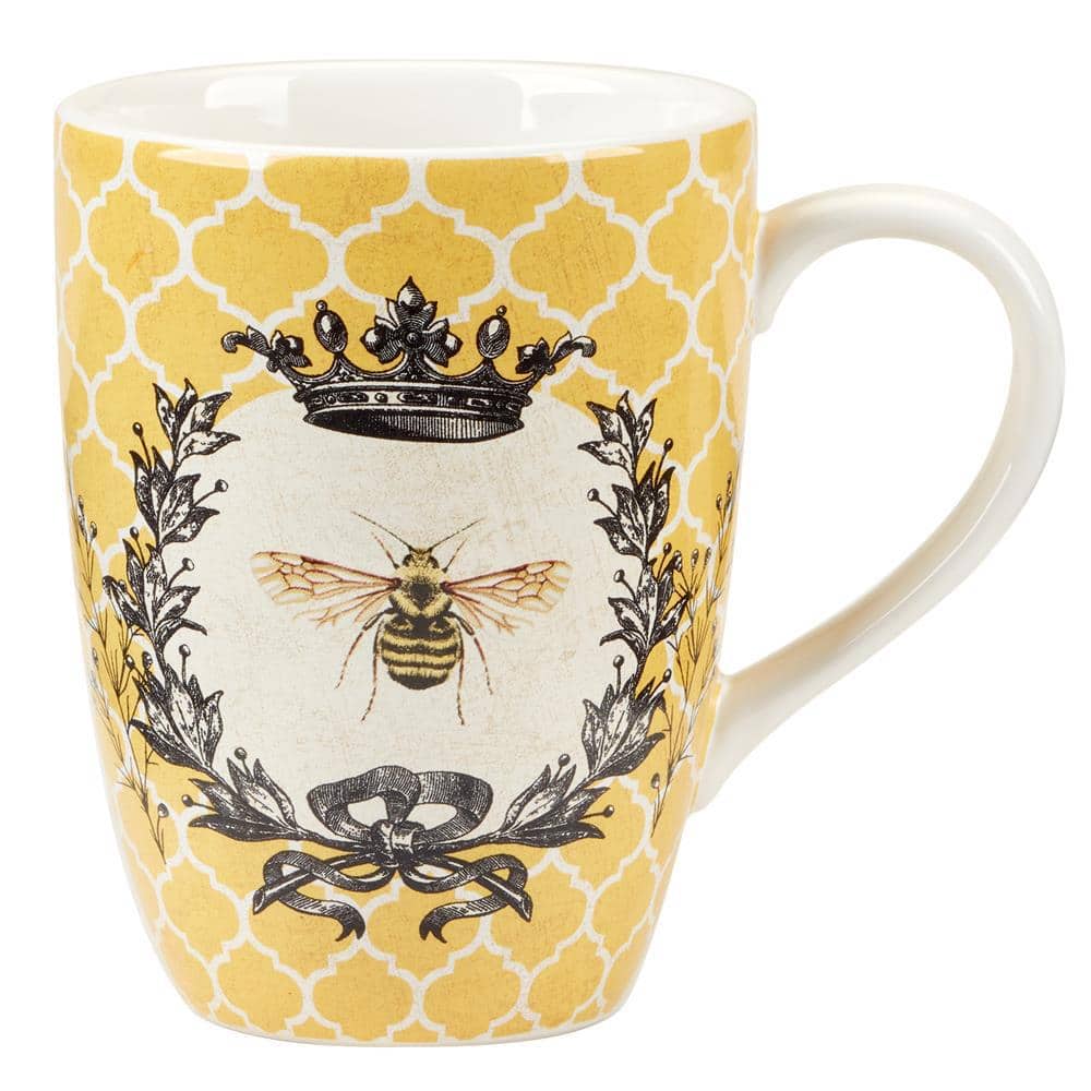 French Bees Yellow and White Ceramic 20 oz. Mugs, Set of 4