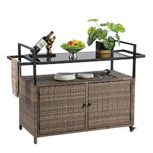 Outdoor Rolling Light Brown Wicker Ratten Patio Serving Bar Cart with Glass Top Table and Wheels