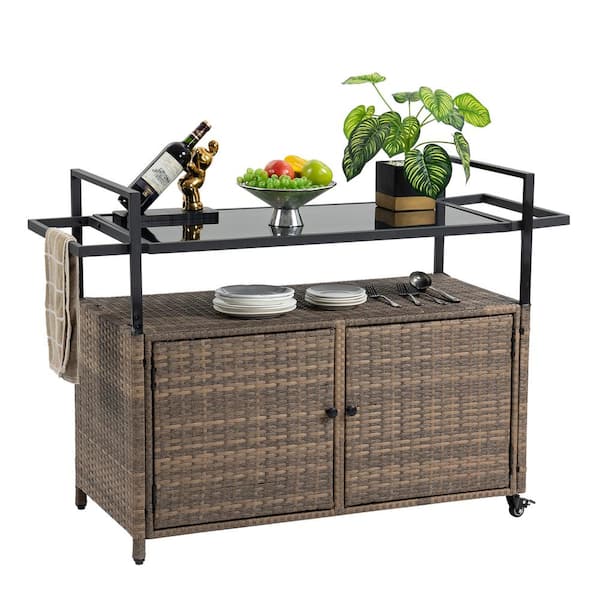 HOMEFUN Outdoor Rolling Light Brown Wicker Ratten Patio Serving Bar Cart with Glass Top Table and Wheels