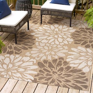 Zinnia Modern Floral Textured Weave Brown/Cream 5 ft. x 8 ft. Indoor/Outdoor Area Rug