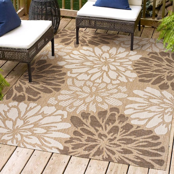 Zinnia Modern Floral Textured Weave Brown/Cream 3 ft. x 5 ft. Indoor/Outdoor Area Rug