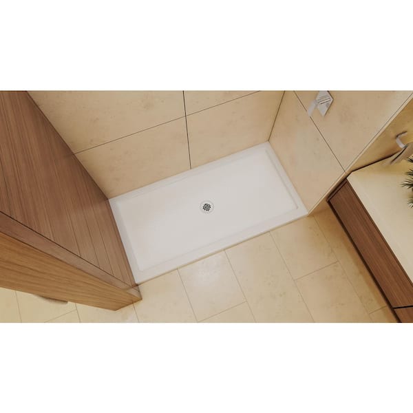 Slimline 60 in. L x 36 in. W Alcove Rectangular White Shower Pan Base with 2 in. Round Center Drain in Chrome