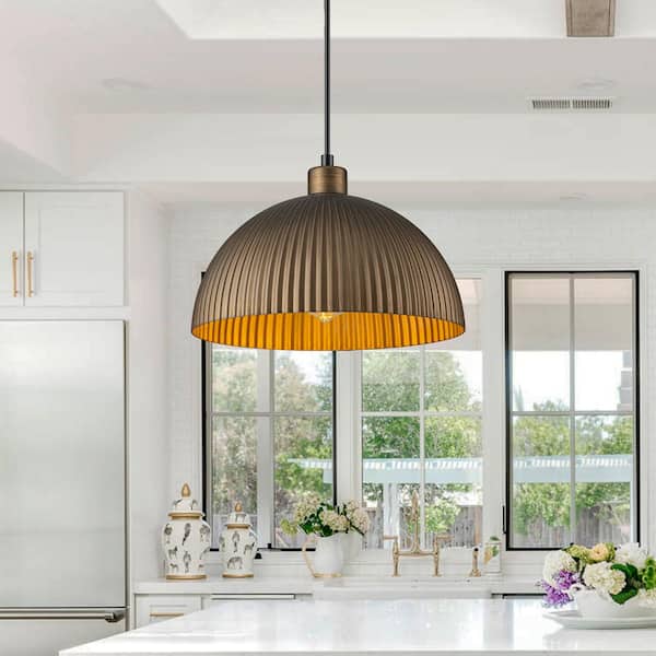 EDISLIVE Elizabeth 11.8 in. 1-Light Vintage Gold Stripe Dome Pendant Light Fixture