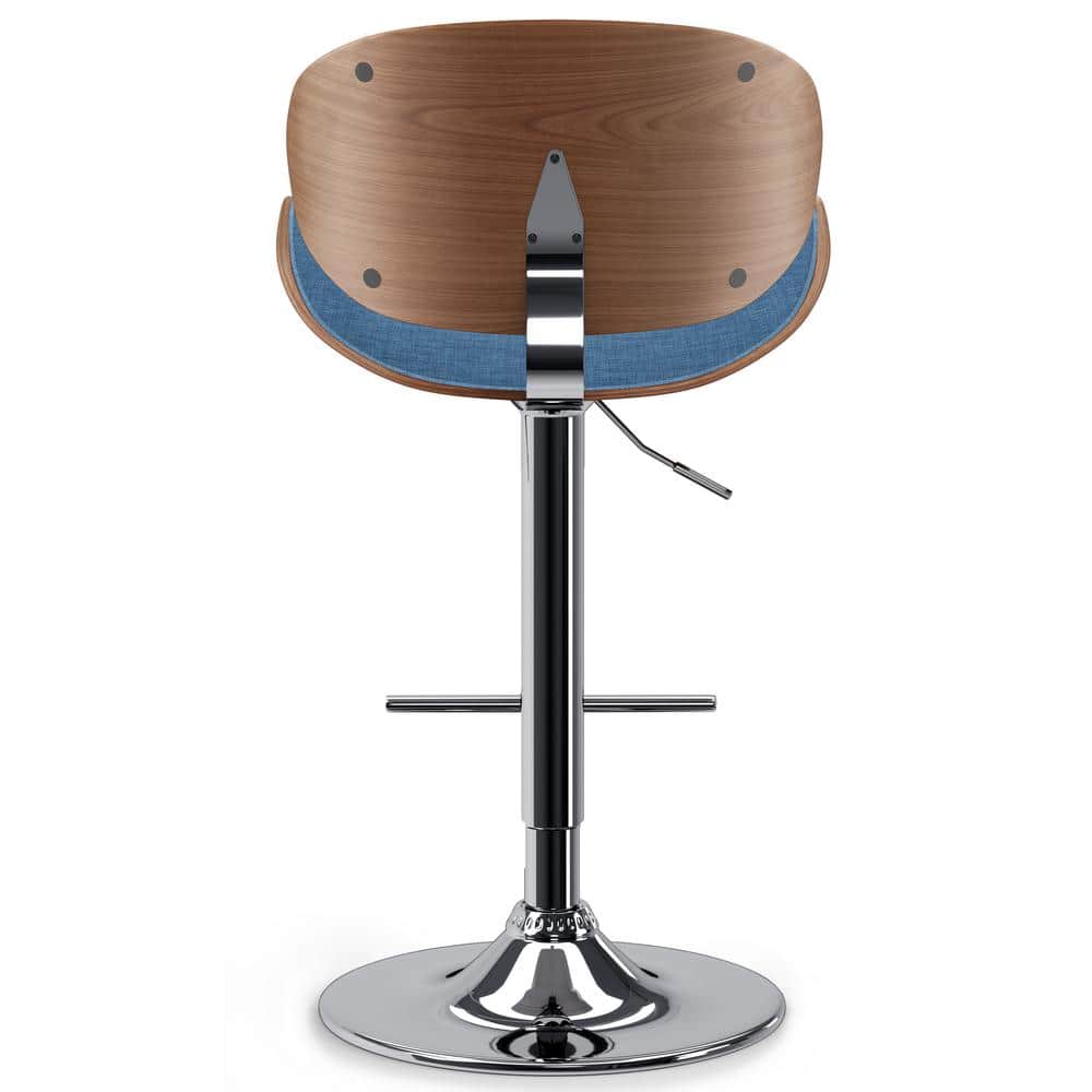 Blue Linen Adjustable Swivel Bar Stool with Wood Accents