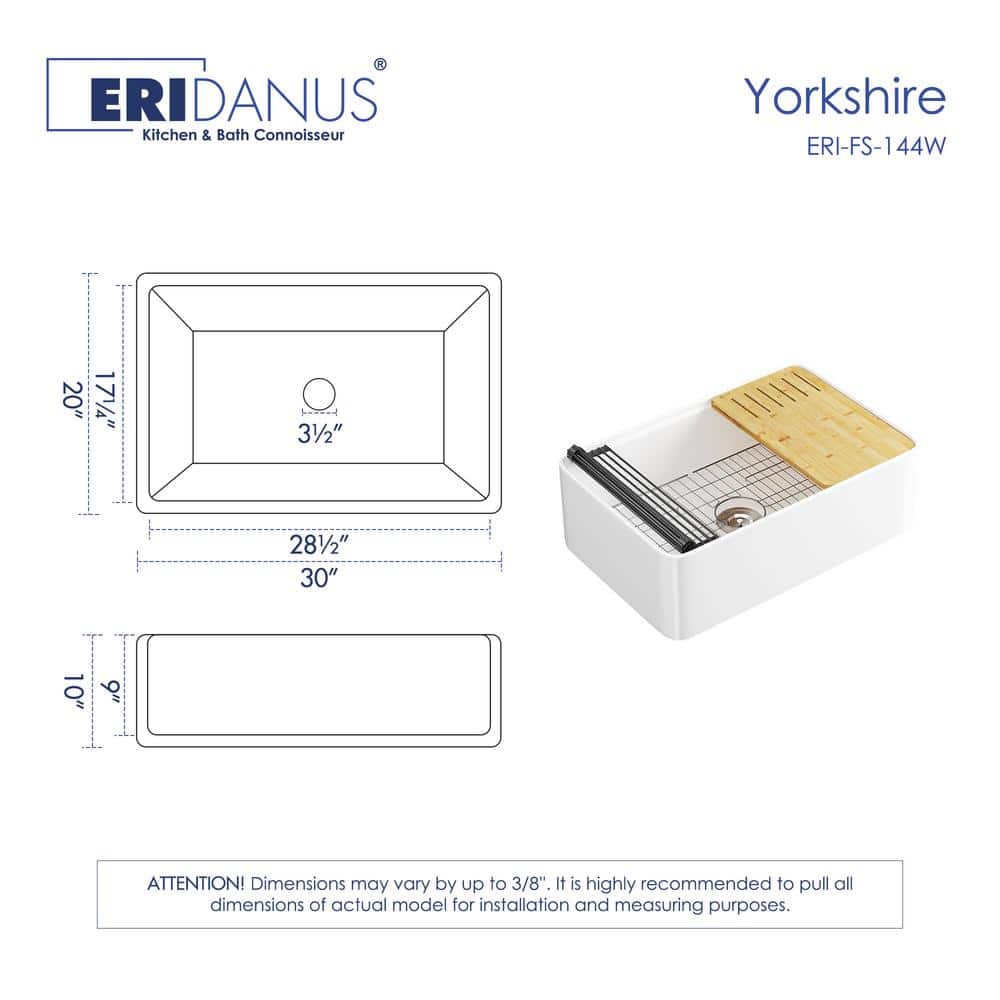 Yorkshire 30" White Fireclay Farmhouse Kitchen Sink with Accessories