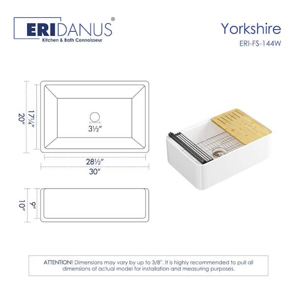 Eridanus Yorkshire Crisp White Fireclay 30 in. Single Bowl Farmhouse Apron Workstation Kitchen Sink with Accessories