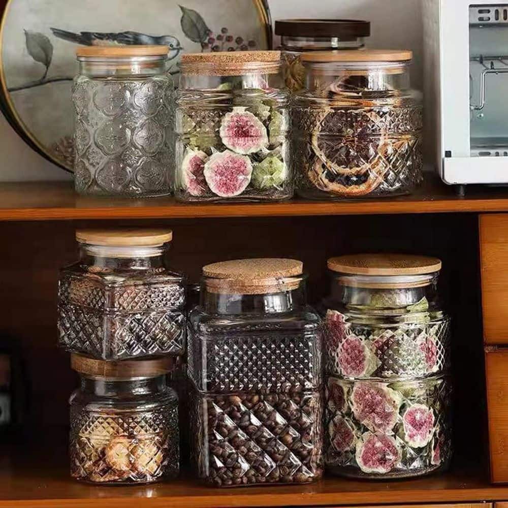 Vintage 60 oz. Clear Glass Food Storage Jars with Bamboo Lids, Large Capacity for Kitchen Pantry (Set of 2)