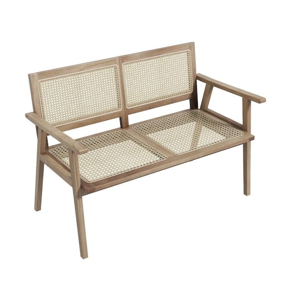 ANGELES HOME 47 in. Teak Wood Outdoor Bench with Armrests and Natural Rattan Backrest