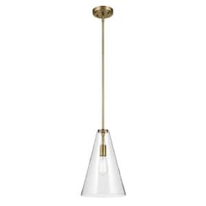 Everly 10.25 in. 1-Light Natural Brass Modern Shaded Cone Kitchen Hanging Pendant Light with Clear Seeded Glass