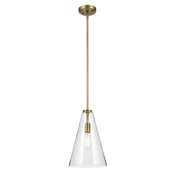 KICHLER Everly 10.25 in. 1-Light Natural Brass Modern Shaded Cone Kitchen Hanging Pendant Light with Clear Seeded Glass