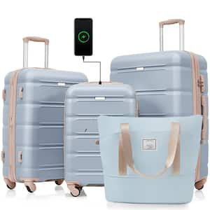 4-Piece Light Blue and Golden Expandable ABS Hardshell Spinner Luggage Set with Travel Bag, USB Port, Cup Holder