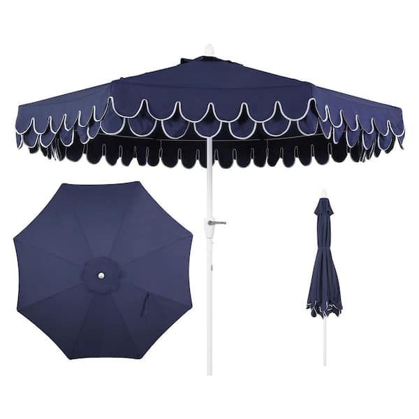 Tracy 9 ft. Scalloped Fringe Market Patio Umbrella with Auto-Tilt Crank, Wind Vent and UV Protection in Navy/White