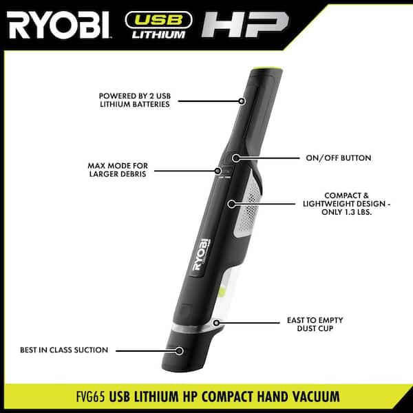 USB Lithium HP Compact Hand Vacuum Cleaner Kit with (2) USB Lithium 2.0 Ah Batteries and Charger