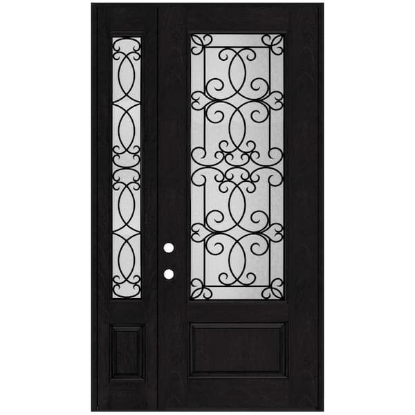 Steves & Sons Regency 51 in. x 96 in. 3/4Lite Georgian Decorative Glass LHOS Onyx Mahogany Fiberglass Prehung Front Door w/12 in.SL