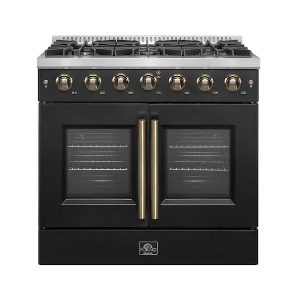 Galiano 36 in. French Door Gas Range, Black and Antique Brass, 5.36 cu. ft. Convection Oven 6-Burners