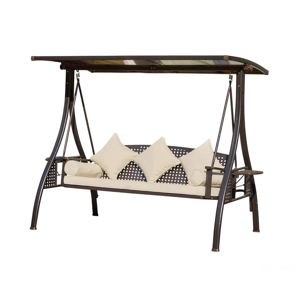 3-Seat Alloy Steel Patio Outdoor Porch Swing with Beige Cushions, Pillows, 
