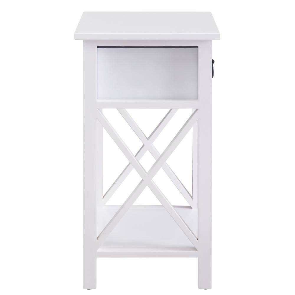 12 in. White Wood Rectangle End Table with Drawer and Shelf