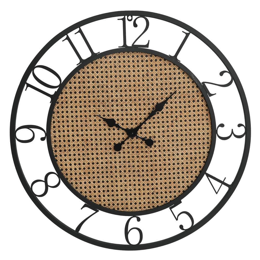 28 in. Black Analog Battery-Operated Large Wall Clock with Rattan