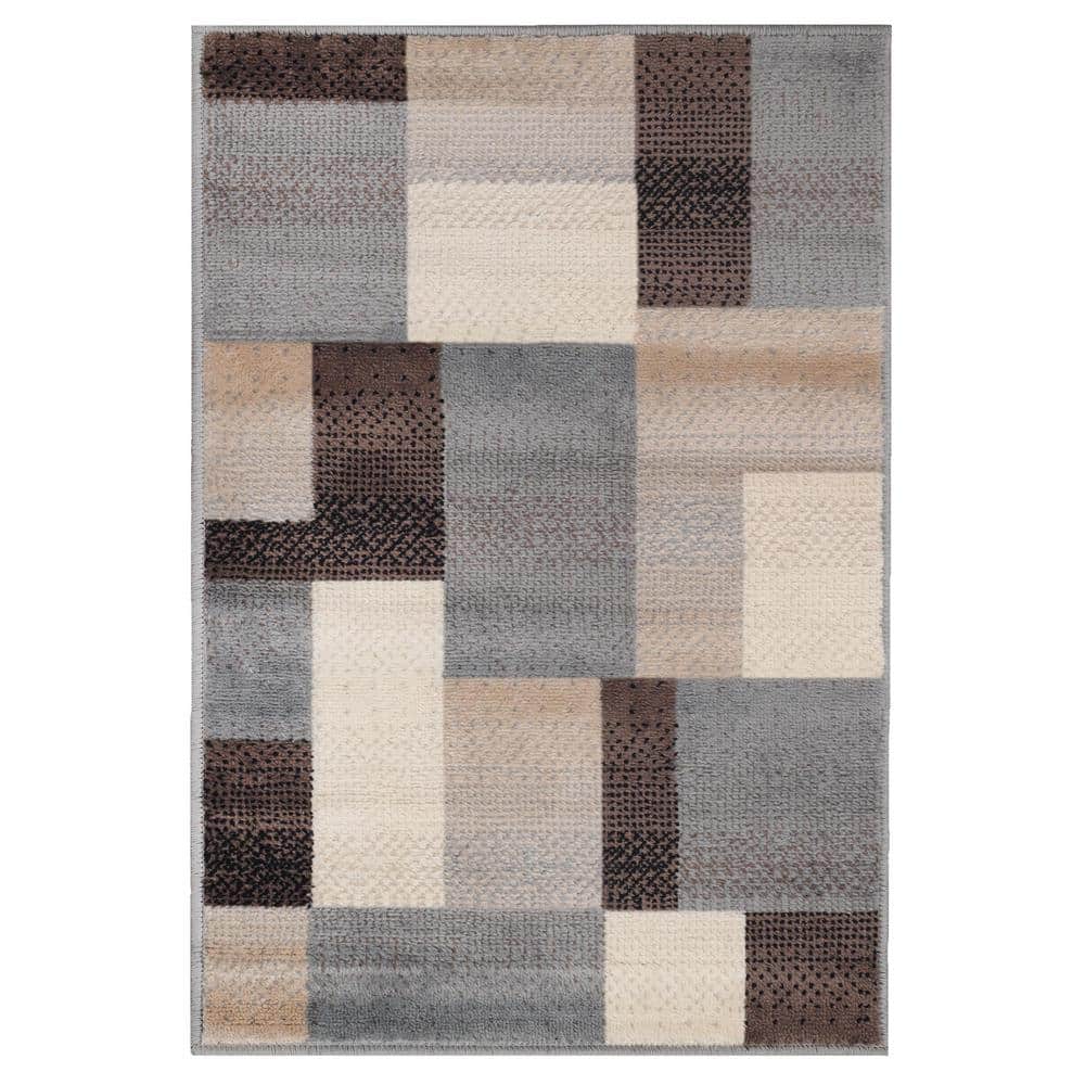 Beige and Blue Geometric Medium Pile Area Rug