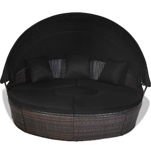 Brown PE Rattan Wicker Outdoor Day Bed with Retractable Canopy, Adjustable Table and Black Cushions