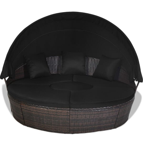 ANGELES HOME Brown PE Rattan Wicker Outdoor Day Bed with Retractable Canopy, Adjustable Table and Black Cushions