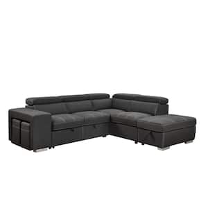 105 in. L Shaped Microfiber Sectional Sofa in Charcoal Grey with Pull-Out Bed, Storage and 2 Stools
