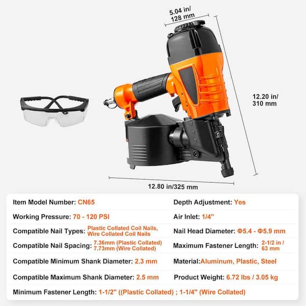 Coil Siding Nailer CN65,1-1/4 in. to 2-1/2 in. 15° Pneumatic Siding Nail Gun with Tool-Less Depth Adjustment