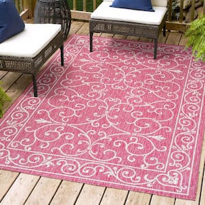 Charleston Vintage Filigree Textured Weave Fuchsia/Light Gray 3 ft. x 5 ft. Indoor/Outdoor Area Rug