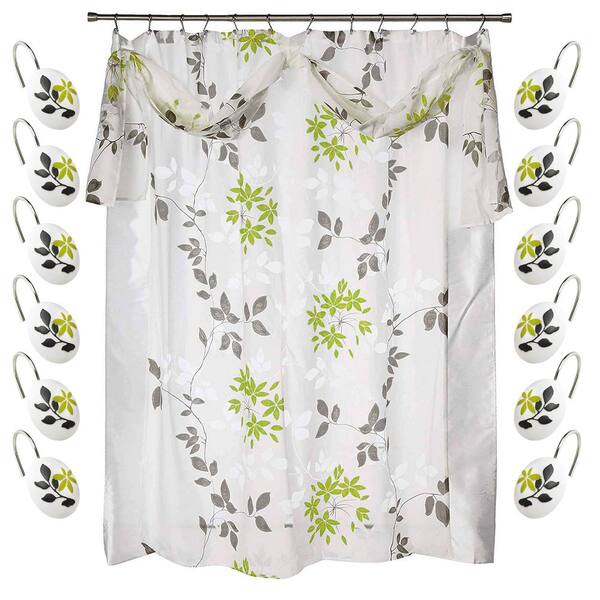 Popular Bath Products Mayan Leaf 72 in. White Shower Curtain and Hook Set