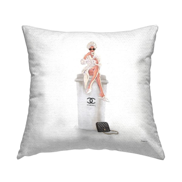 Stupell Industries Trendy Fashion Woman Sipping Morning Coffee Beige Square Outdoor Throw Pillow