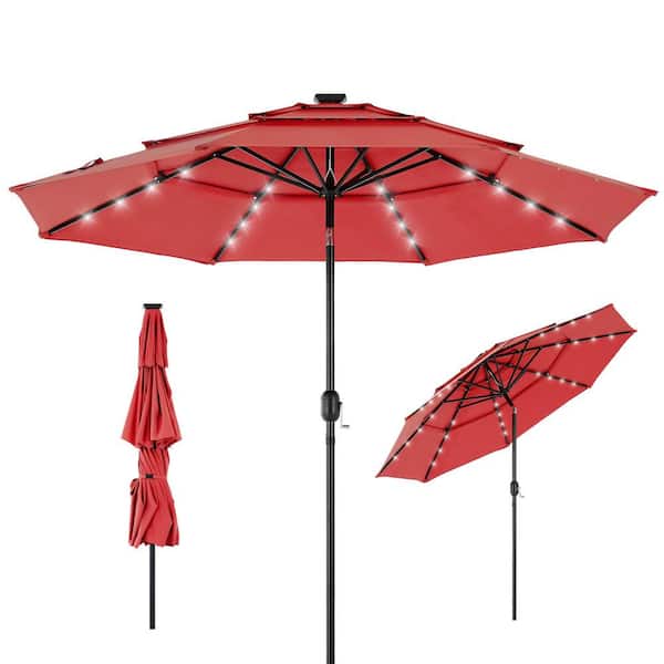 FIRNEWST 10FT 3-Tier Solar Patio Umbrella with 32 LED Lights Outdoor Umbrellas with Push Button Tilt and Crank in Red