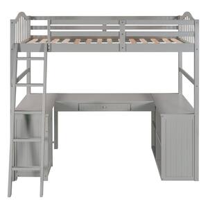 Gray Wooden Loft Bed with 2 Drawers, 1 Cabinet, 4 Shelves, Desk and Ladder, Twin Size Loft Bed with Desk