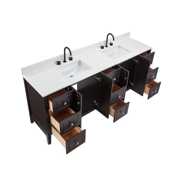 Lille 84 in. W x 22 in. D x 35 in. H Double Sink Bath Vanity in Espresso with Solid White Quartz Top