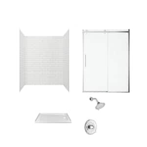 Passage 60 in. x 72 in. Right Drain 4-Piece Glue-Up Alcove Shower Wall Door Chatfield Shower Kit in White Subway Tile