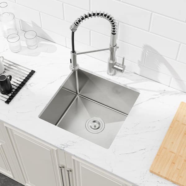 18 in. x 18 in. Brushed Nickel Stainless Steel Single Bowl Undermount Kitchen Sink with Drain and Hooks