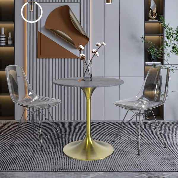 Leisuremod Verve Mid-Century Modern 27 in. Round Dining Table with Stone Top and Brushed Gold Pedestal Base (Grey)