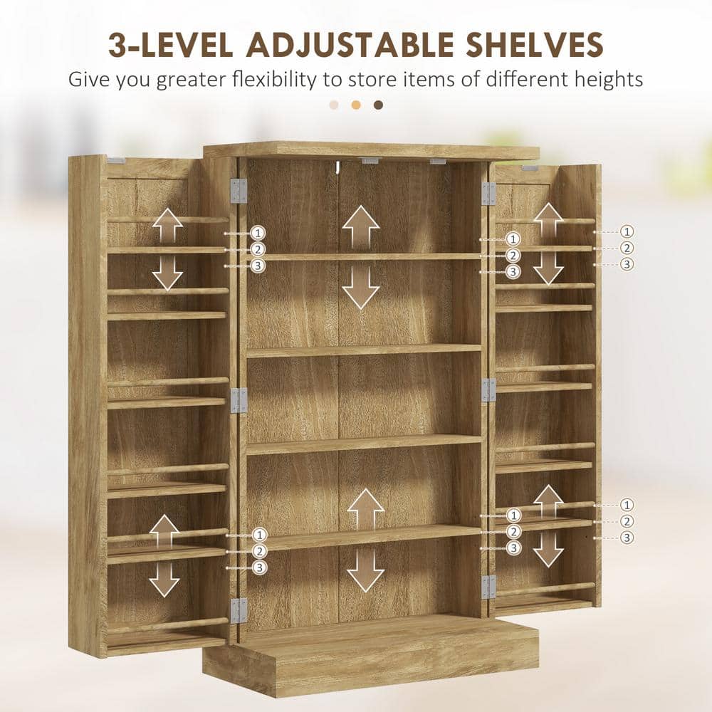 HOMCOM 40.9" Kitchen Pantry Storage Cabinet, Freestanding Kitchen Cabinet with Rattan Doors 5-Tier Shelf 12 Spice Racks Adjustable Shelves Natural