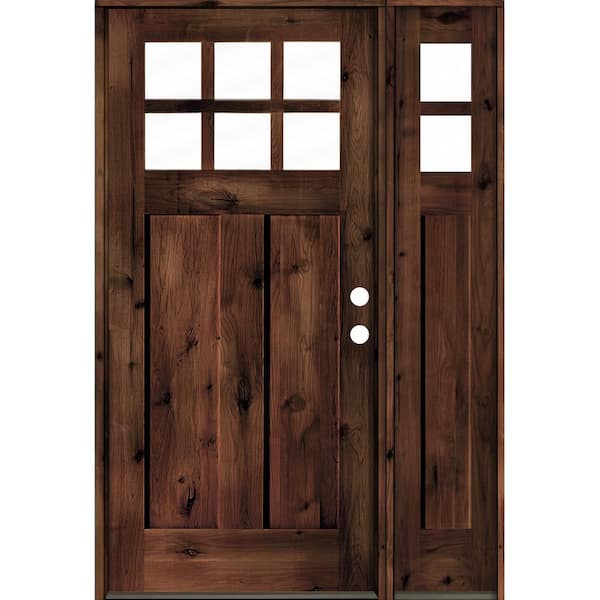 Krosswood Doors 50 in. x 80 in. Craftsman Alder 3-Panel Left Hand 6-Lite Clear Glass Red Mahogany Wood Prehung Front Door/Right Sidelite