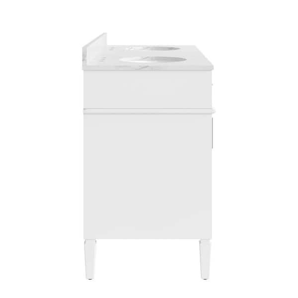 Hampton 60 in. W x 21.5 in. D x 35 in. H Double Sink Freestanding Bath Vanity in White with White Carrara Marble Top