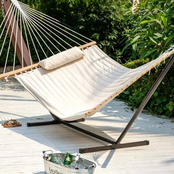 Outdoor Double Quilted Fabric Hammock with Spreader Bar, Pillow