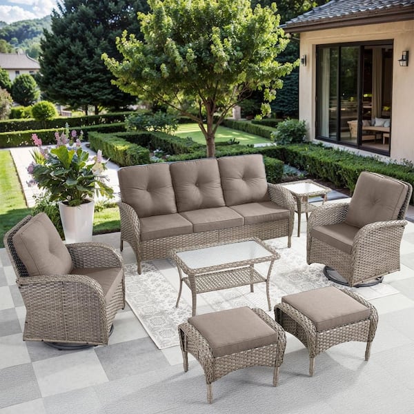 moosprr Flatarmrest 7-Piece Gray Wicker Patio Conversation Set with Olefin Gray Cushions Sofa/Patio Swivel Glider Chairs