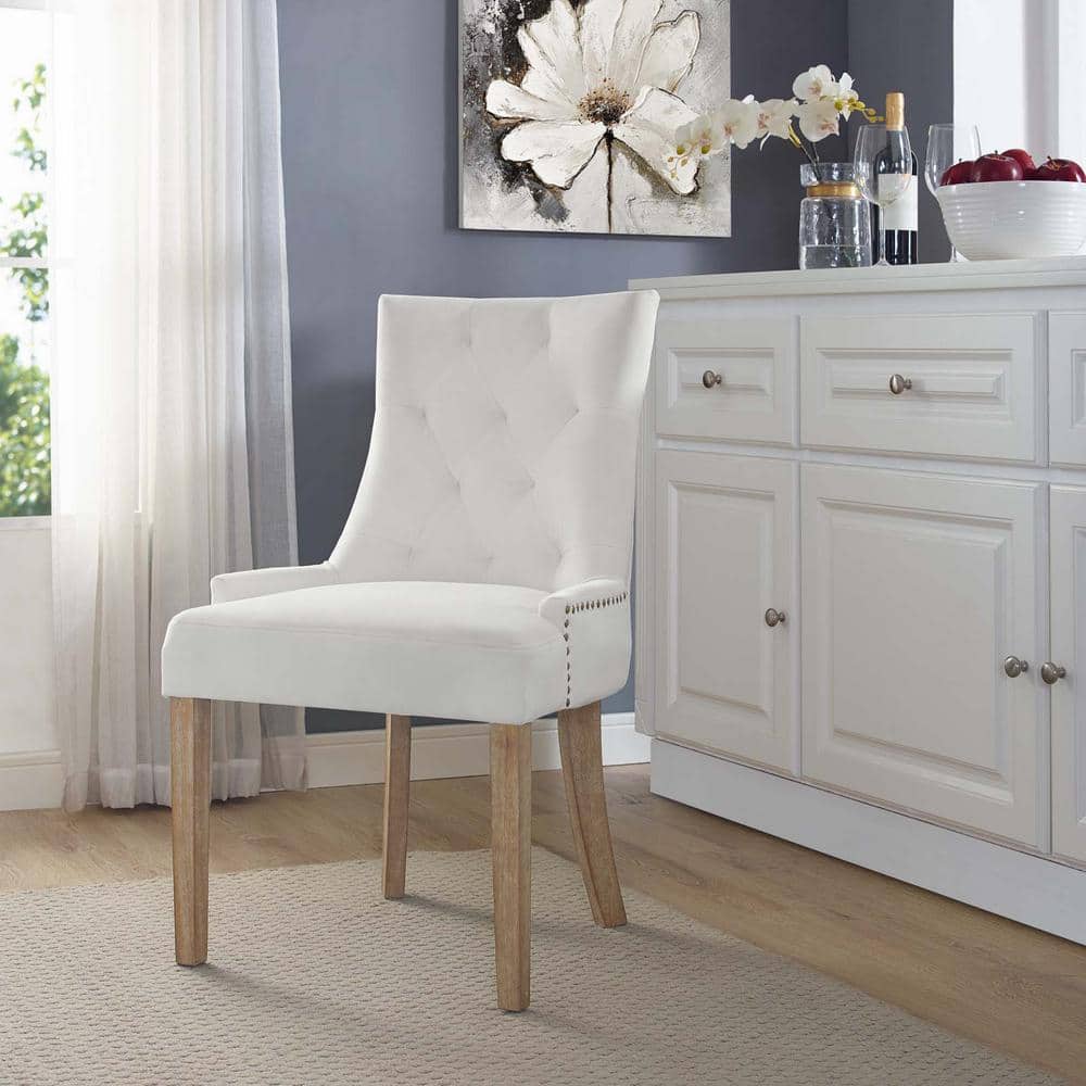 Ivory Velvet Tufted Parsons Dining Chair with Light Wood Legs