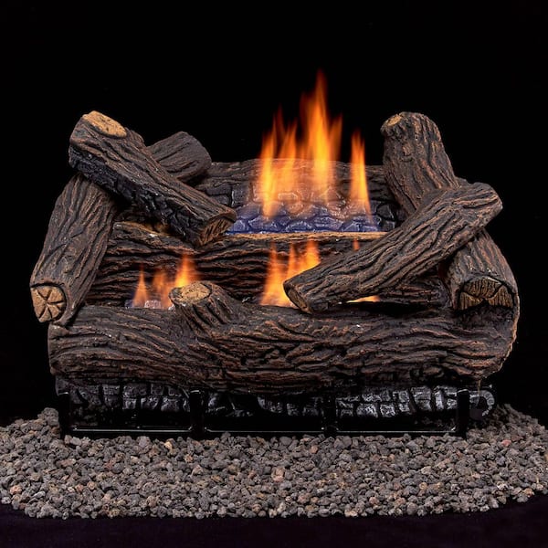 18 in. Stacked Red Oak Vent Free Indoor Natural Gas Log Set with Remote Thermostat Control and Fiber Logs