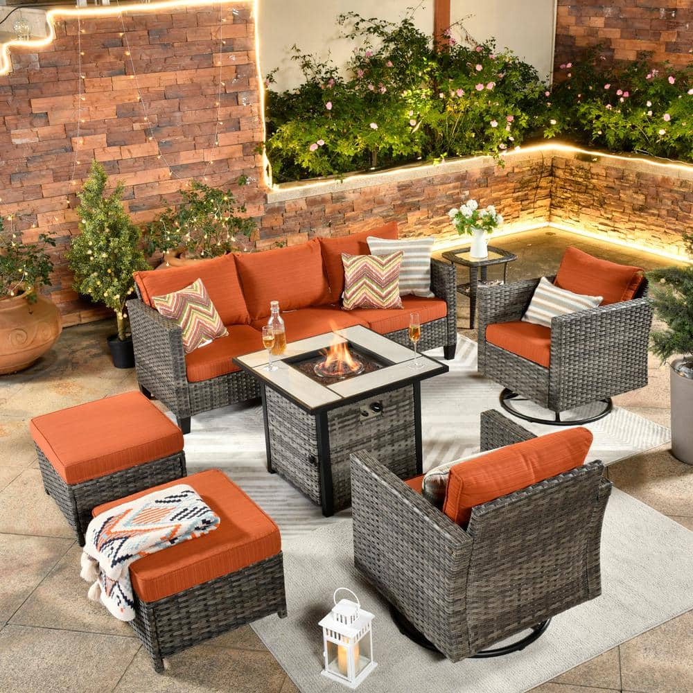 OVIOS New Vultros Gray 7Piece Wicker Patio Fire Pit Conversation Seating Set with Orange Red