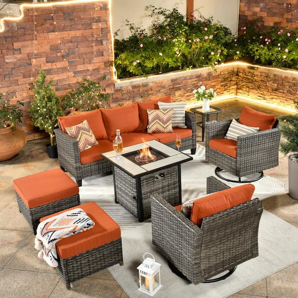 OVIOS New Vultros Gray 7-Piece Wicker Patio Fire Pit Conversation Seating Set with Orange Red Cushions Swivel Rocking Chairs