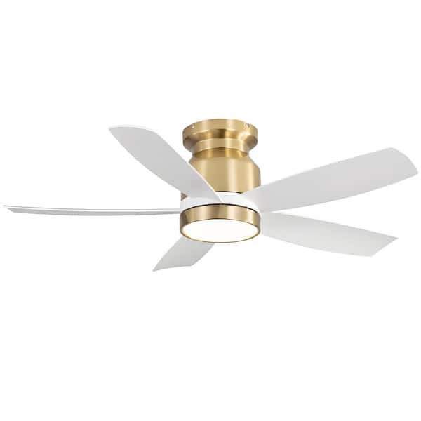CACI Mall 42 in. Indoor/Outdoor Low Profile Gold Flush Mount Integrated LED Ceiling Fan with Light and Remote